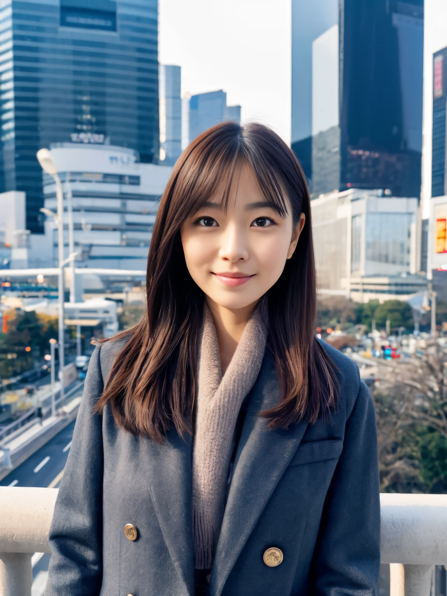 Photoreal, 8K full-length portrait, Beautiful woman, attractive look, Clear system, 20-year-old, Tokyo city, winter, Shibuya in the background