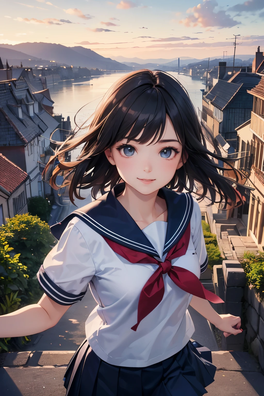 very cute and beautiful girl,teen,(highly detailed beautiful face and eyes:1.2),
(smile:1.15),black hair,(sailor school uniform,pleated navy blue mini skirt),dynamic pose,dynamic angle,looking at viewer,
many european houses with red roof,(town overview),narrow river and stone bridge far away in distance,detailed landscape,
(best quality,masterpiece:1.2),absurdres,highres,ultra-detailed,extremely detailed,32k,8k resolution,
intricate details,cinematic scene,detailed background,solo,dynamic angle,
solo,hair fluttering in the wind,beautiful detailed sky,(realistic),