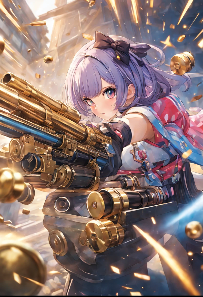 masterpiece, top quality, best quality, official art, beautiful and aesthetic,
1girl,gatling gun, shell casing, looking at viewer, bangs, ammunition belt, gloves, ribbon,
extreme detailed,highest detailed, optical mixing, playful patterns, lively texture, unique visual effect,