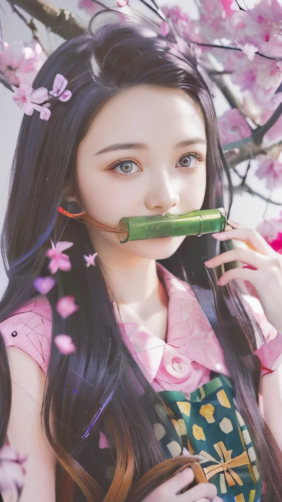 anime girl with a green bottle in her mouth and a bird on her hand, nezuko-chan, anime visual of a cute girl, soft anime illustration, nezuko, kawaii realistic portrait, artwork in the style of guweiz, digital anime illustration, clean detailed anime art, detailed fanart, insect trainer girl, marin kitagawa fanart