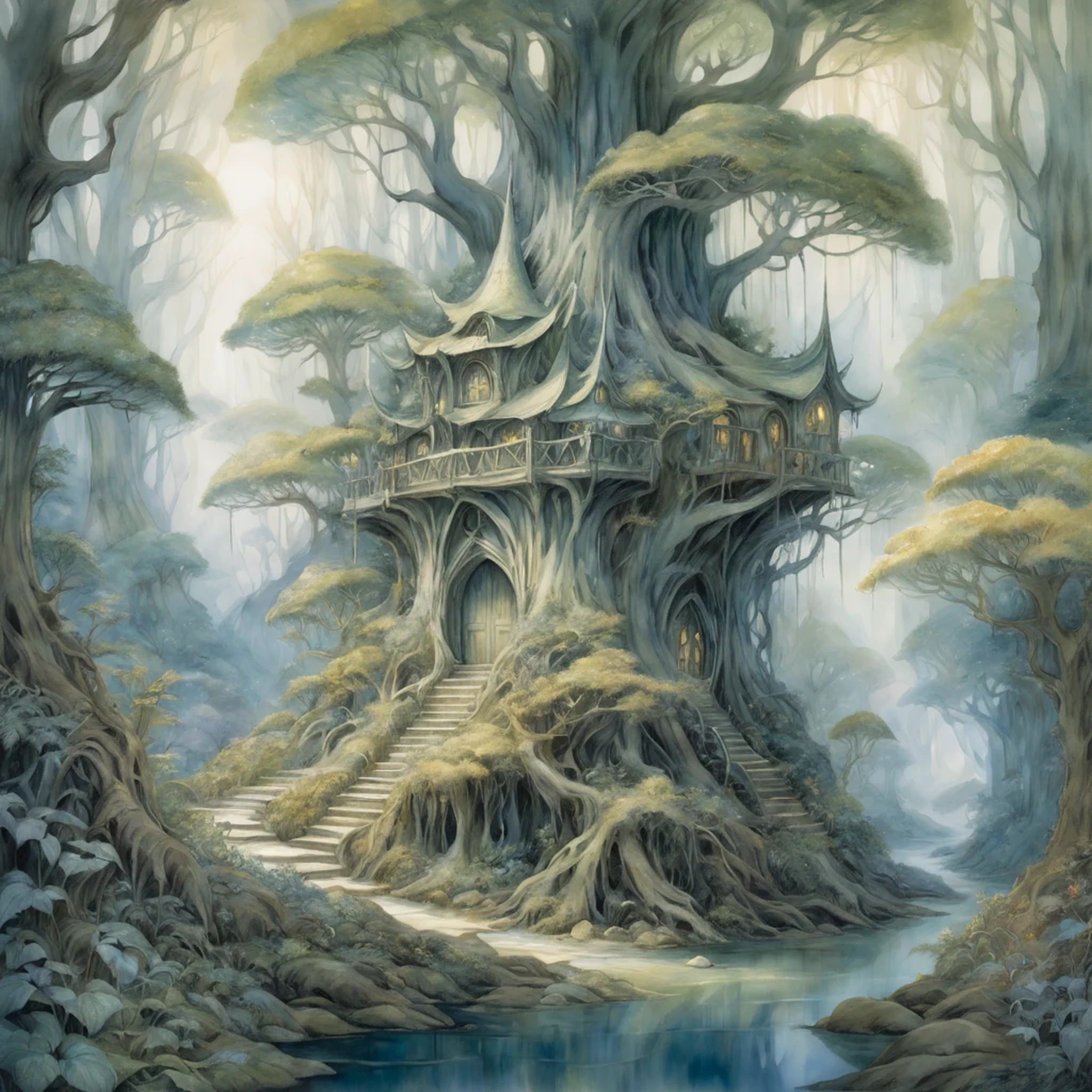 Elven Forest Haven, where slender, silver-haired elves engage in enchanting activities among towering, luminescent trees. Painted in a Watercolor style inspired by the dreamlike works of Brian Froud and Alan Lee, featuring soft color transitions and intricate detailing reminiscent of classic fantasy art.