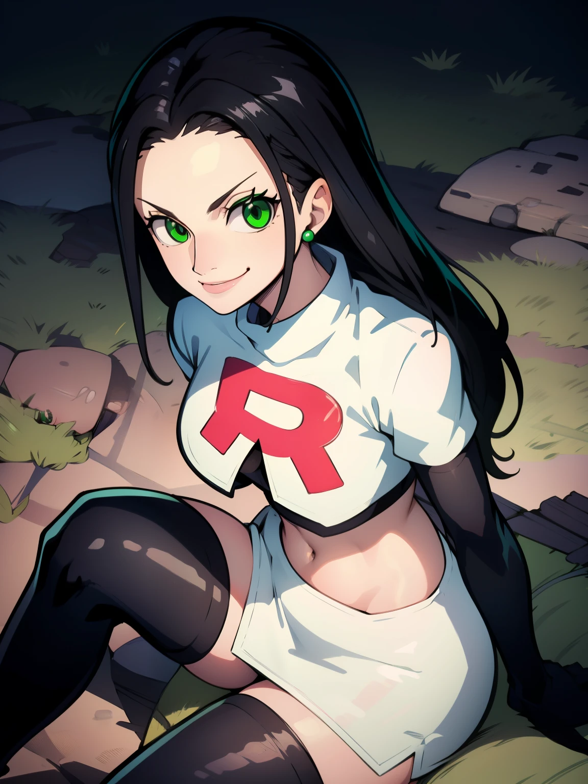 nico robin, long hair, (black hair:1.5), (forehead:1.2), (green eyes:1.3),earrings, glossy lips ,team rocket uniform, red letter R, white skirt,white crop top,black thigh-high boots, black elbow gloves, evil smile,  sitting down ,legs crossed, night sky background