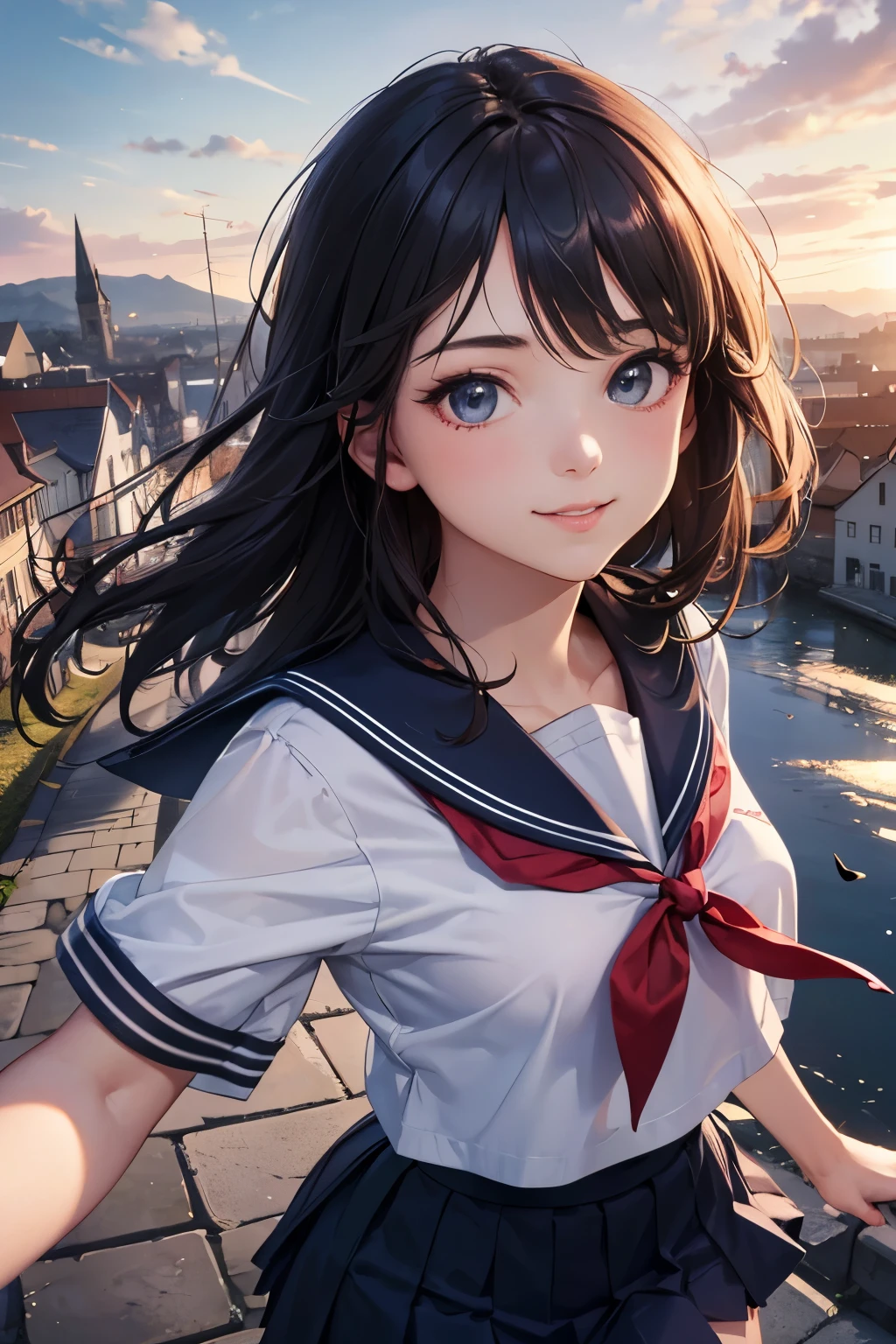 very cute and beautiful girl,(highly detailed beautiful face and eyes:1.2),
(smile:1.15),black hair,(sailor school uniform,pleated navy blue mini skirt),dynamic pose,dynamic angle,looking at viewer,
many european houses with red roof,(town overview),narrow river and stone bridge far away in distance,detailed landscape,
(best quality,masterpiece:1.2),absurdres,highres,ultra-detailed,extremely detailed,32k,8k resolution,
intricate details,cinematic scene,detailed background,solo,dynamic angle,
solo,hair fluttering in the wind,beautiful detailed sky,(realistic),