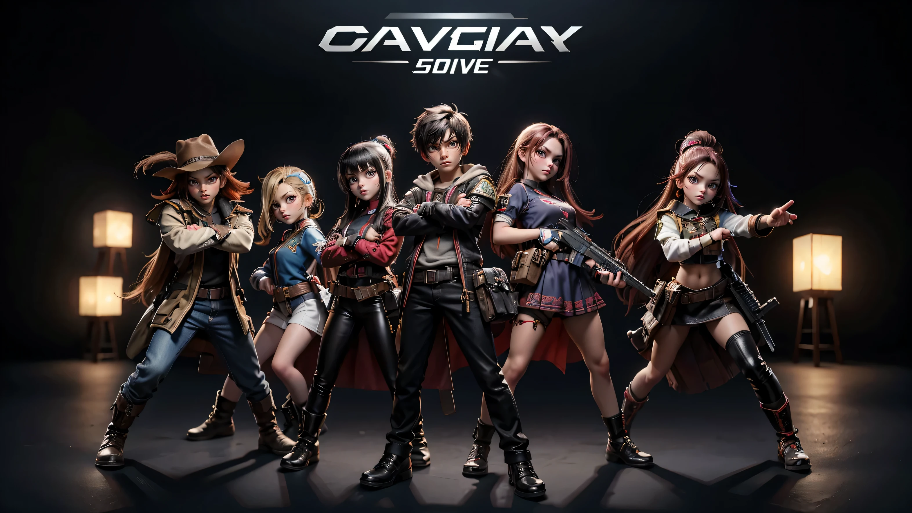 fortnight game character, full body standing pose, boys and girls characters, fighting pose, looking at the camera, gaming characters, 10 years old, colors western gaming clothes, black background
