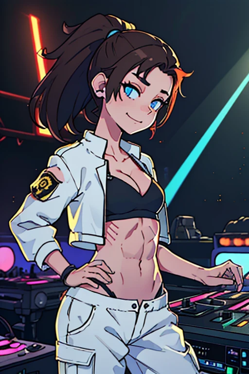 (tomboy woman DJing on turntables on stage at EDM festival:1.3), EDM event lighting effects, on stage in front of crowd, giant futuristic screens in background, neon room, (white cropped jacket:1.1), (vivid glowing blue eyes:1.2), (brown hair:1.2), (black streaks in hair:1.2), high ponytail, (cocky smirk:1.2), (abs:1.2), rave lights, (lasers in background:1.2), glowing light strips on clothes, slim build, looking at viewer, giant speakers in background, beautiful glossy reflective detailed eyes, (high leg panties:1.2), (white cargo pants:1.3), (thin straps over hip bones:1.3), (hip straps:1.3), (side shave:1.3), (undercut:1.2), defined hip bones, cleavage, lean