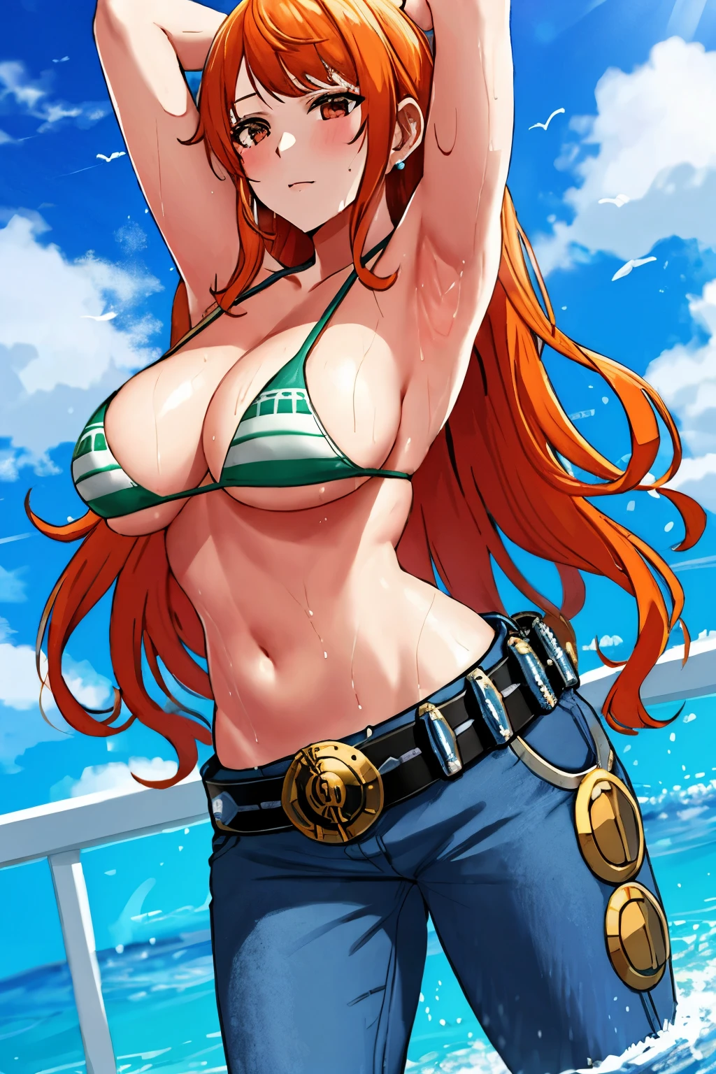 detailed background, masterpiece, 4K, best quality, 늦은 request소년, adult, wrestler body, 1 woman, Active, energetic, Uppercut, (Big mouth) , alone, Us \(One Piece\), 1 woman, bangle, (Very wet, Drenched in sweat, sweating all over, Very wet hair, tired, breathe, dehisce, exhausted, outcry, Sweaty face, sweaty body, Panting, sweating too much, Glittering sweat, sweaty armpits, trend, hands on hips, Serious, glaring), Perfect, detailed face, Draw bold lines, muscular arms, Detailed and thick arm lines, Flat chin, adult woman, wavy wide striped bangs, floating bangs, (Big cheeks), bare shoulders, off shoulder, belt, bikini, bikini top only, blue sky, bracelet, Elastic breasts, Breast line, Big round eyes, very large brown shiny eyes, foam, 높은 눈 stomach치, split, cloud, afternoon, request, earring, floating hair, shiny hair, green belt, green bikini, Thick groin line, requestpants, bijouterie, medium chest, Log Pose, long hair, looking at viewer, navel, wet hair, Orange hair, pants, shoulder Tattoo, side lock, sky, alone, standing, stomach, swimsuit, Tattoo , looking at viewer, dehisce, Detailed left arm, large forehead, hourglass shape, small head, A toned body, Broad head, wind effect, The Sun Effect, Under the sun, Narrow small ear angle, Previous, 무작stomach 포즈,