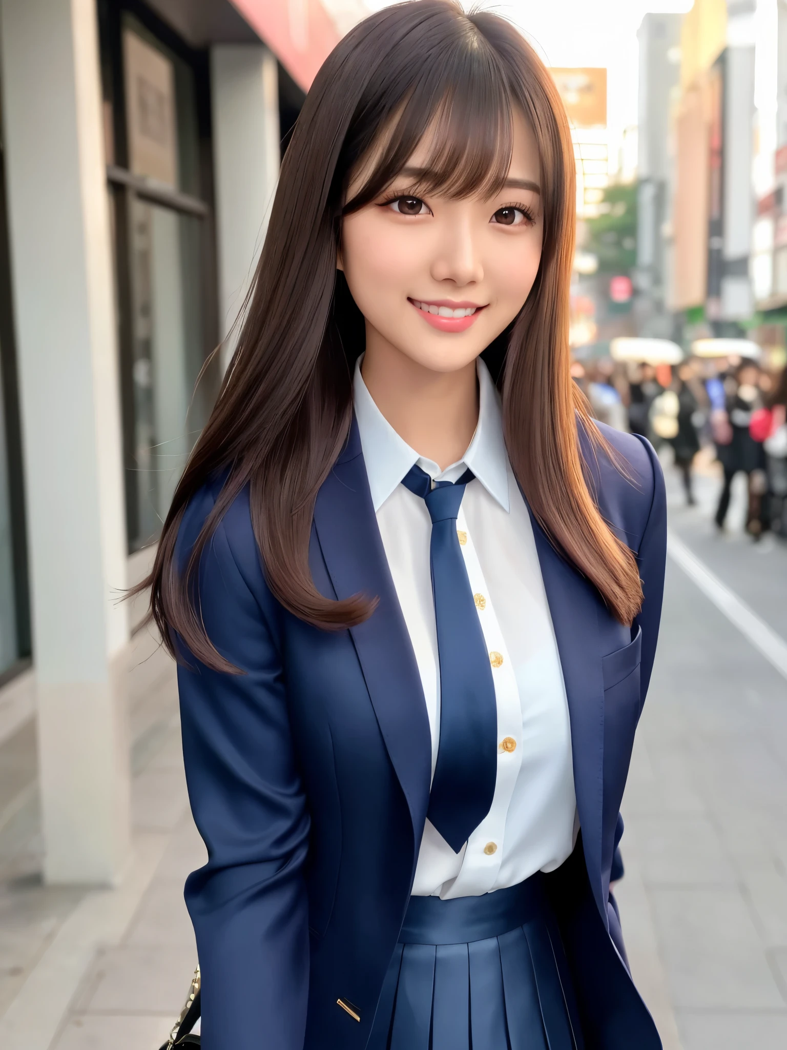 product quality, 1girl, upper body shot, front view, a Japanese young pretty girl, long bob hair, walking with a big smile on a crowded street in the winter morning, glamorous figure, wearing a dark blue blazer over a white collared silky satin shirt, shiny satin dark blue plain long tie, dark blue pleated long skirt, school bag over her shoulder, hyper cute face, glossy lips, double eyelids in both eyes, natural makeup, long eyelashes, shiny smooth light brown long bob hair, asymmetrical bangs, a tanned skin, central image, high resolution, high detail, detailed hairstyle, detailed face, spectacular cinematic lighting, octane rendering, vibrant, hyper realistic, perfect limbs, perfect anatomy