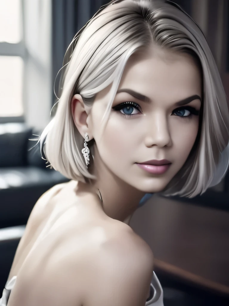 Slender, young, short blonde hair, blue eyes, smiling, in office, natural skin texture, 24mm, 4K textures, soft cinematic light, RAW photography, photorealistic, photorealistic, complex, elegant, highly detailed, sharp focus, (((cinematic look))), calm Tone, Insane Detail, Complex Detail, Ultra Detail, High Contrast, Soft Cinematic Light, Dim Colors, Exposure Blending, HDR, Faded, Cold, Waist Thin, Well-Proportioned, (8k, 4k, Top Quality, Hi-Res: 1.1), (Realistic, Photorealistic: 1.1), Girl 1 People, Solo, Face, Twin Tails, Blonde Hair, Bangs, Long Hair, Necklace, Earrings, Lips, Eye Shadow, Jewelry, (Viewer Looking For: 1.5), Spaghetti Straps, Detail, High Contrast, from_side, srfc, stunning complex full color portrait, wearing business dress, spectacular character composition, by Ilya Kubushinov, Alessio Albi, Nina Masic, sharp focus, natural light, sub-surface scatter, f2, 35mm, film grain