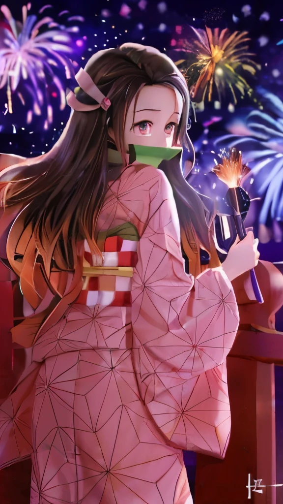a girl in a kimono kimono kimono kimono kimono kimono kimono kimono kim, nezuko-chan, nezuko, by Shingei, pixiv contest winner, happy!!!, by Jin Homura, firework, by Kanbun Master, by Yanagawa Nobusada, by Kamagurka, digital anime illustration, by Kamisaka Sekka