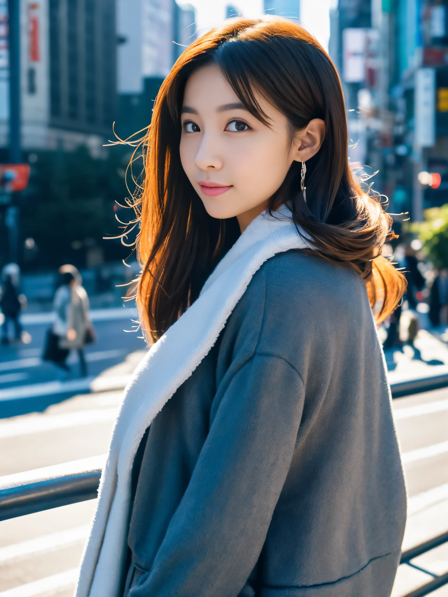 Photoreal, 8K full-length portrait, Beautiful woman, attractive look, Clear system, 20-year-old, Tokyo city, winter, Shibuya in the background