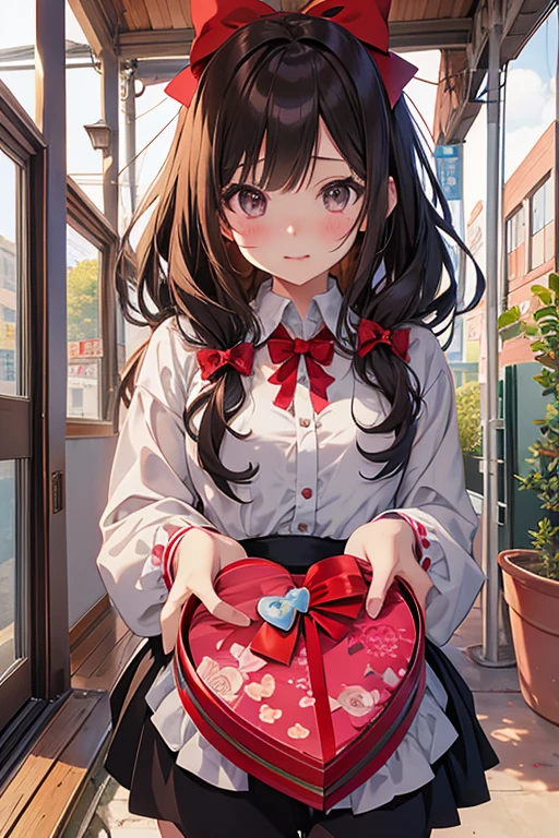 anime girl holding a heart shaped box with a bow and a rose, cute realistic portrait, Cute girl anime visual, anime lover, cute anime girl, Bring a gift, everyone, (anime girl), cute anime girl portrait, lofi girl, Girl in Love, cute anime girl portraits