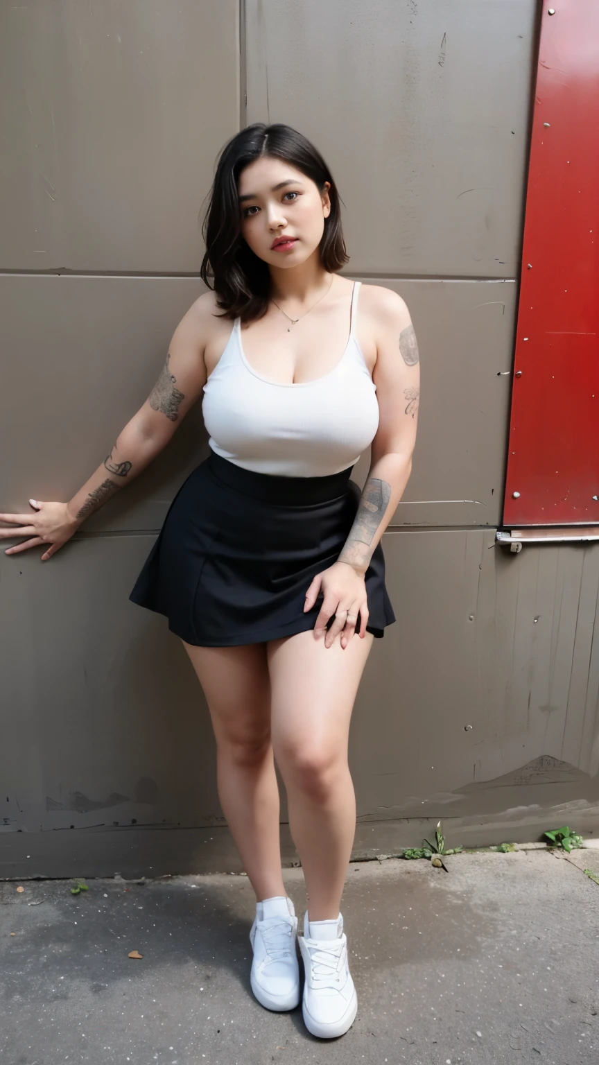 ((best quality)), ((masterpiece)), (detailed), perfect face, ((best quality)), ((masterpiece)), (detailed), perfect face, wanita chubby dewasa, wearing thight dress and thight skirt, chubby cheeks, chubby arm, chubby thighs, big breasts, wearing a sneakers, medium hair style, full body photoshoot, tattooed body 