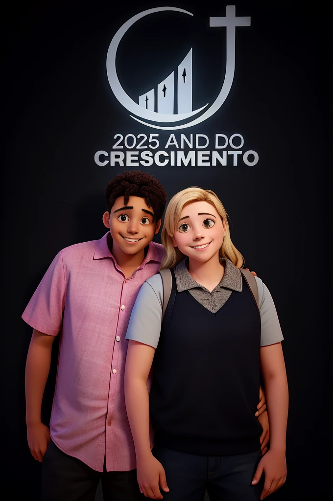 Couple hugging and smiling, against the background of a dark wall with the church logo on top of the couple