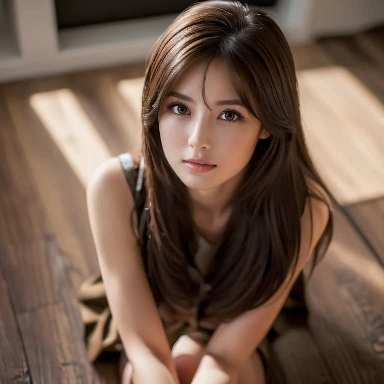((Best quality, 8k, Masterpiece :1.3)), pretty woman, 1girl, , slender abs :1.1, dark brown hair, (kneeling on the floor, open legs :1.2), ultra-detailed face, highly detailed lips, detailed eyes, double eyelid