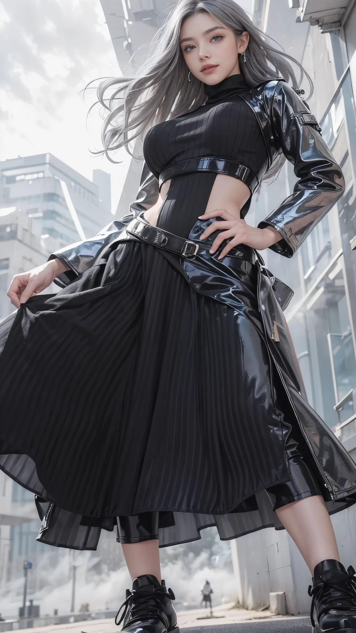 (Realistic:1.2), (fashion portrait:1.6), (brand collection, fashion brand theme:1.6), (detailed, beautiful, masterpiece, best quality:1.2), _ BREAK (1girl:1.2), 22 years old, 160 cm, Japanese cute model, Tightened all body, medium Breasts, small head, small face, diamond Face, small nose, Sharp Faceline, Detailed face, Detailed eyes, young hands and fingers, beautiful hands and fingers, five fingers, _ BREAK (happy, smile, Glossy Lips:1.3), (Light color lips, Half open mouth, beautiful Teeth:1.2), (dropy eyes, Double eyelid, light color eyes, Shiny eyes:1.5), Shiny skin, _ BREAK (arranged hairstyle:1.4), (gray hair, shiny hair, _ BREAK (gray background:1.4), mist, fog:1.4), _ BREAK (wide angle, from below:1.4), (standing, fashion model pose:1.2), focus face, from below, BREAK (Cyberpunk and wool fusion:1.3), ((wear an oversized black wool turtleneck with rubberized surface) for a luxurious, futuristic, bodysuit, High legs, and warm feel:1.2), (large sleeves:1.2), (7/8 length:1.2), (simple yet cyberpunk-themed design:1.3), BREAK (black and White theme:1.3), (super Low rise pants with a black subtle reflective pattern:1.2), (super Low rise long skirt:1.4), (Thick sole technical High Sneaker with sleek metal details:1.2), (edgy and versatile:1.2),(Long drooping silver earrings:1.4),