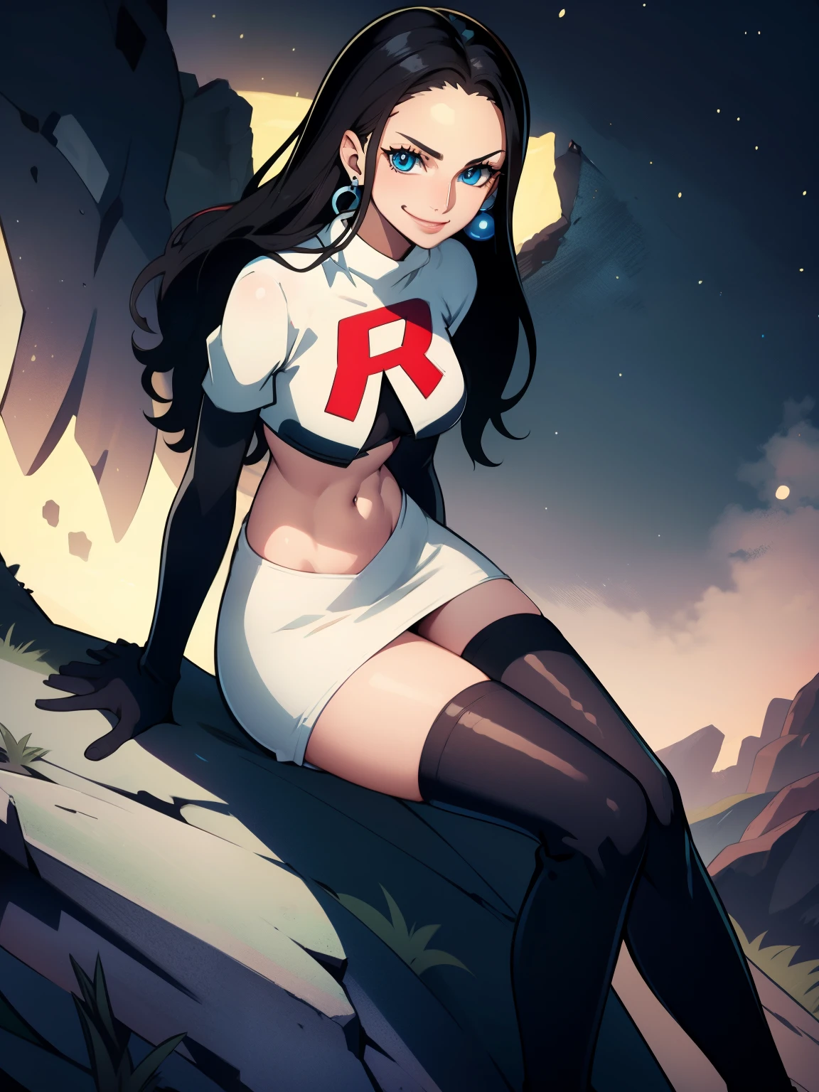 nico robin, long hair, (black hair:1.5), (forehead:1.2), blue eyes ,earrings, glossy lips ,team rocket uniform, red letter R, white skirt,white crop top,black thigh-high boots, black elbow gloves, evil smile,  sitting down ,legs crossed, night sky background