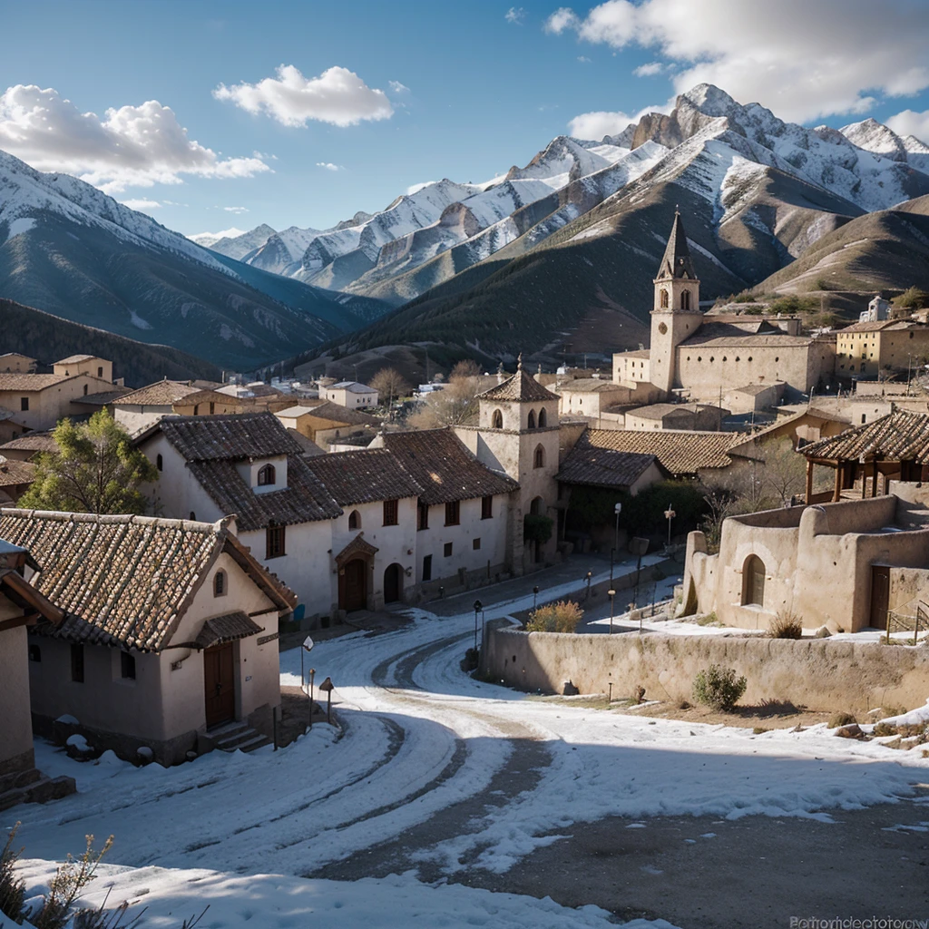 Photography, hiperrealismo, ultra detallado, Maximum quality, 8K resolution, mountain scape, pueblo medieval lleno de casas de cuento de hadas, flores,  a catholic church, muchos arboles en la plaza, in the background snowy mountains, cielo azul limpio, luz suave y brillante