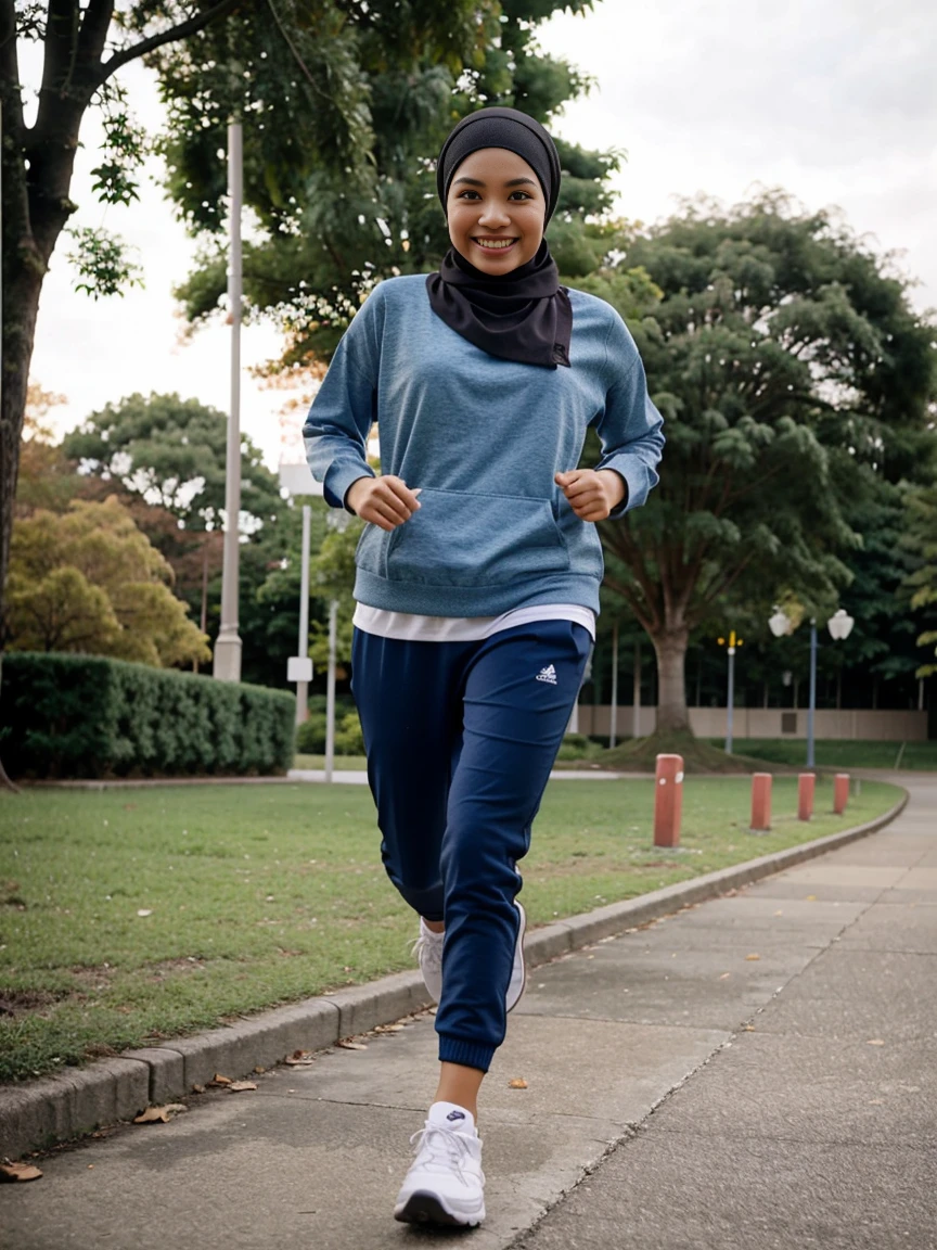 a Malay girl running, smiling, full body shot, hijab, sweater, jogger pants, running shoes, at a park