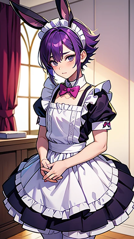 Cutest anime guy, with light white skin, dark purple spike hair, Wearing a cute maid outfit, and also has white rabbit ears, looks very cute and shy, pink blushh