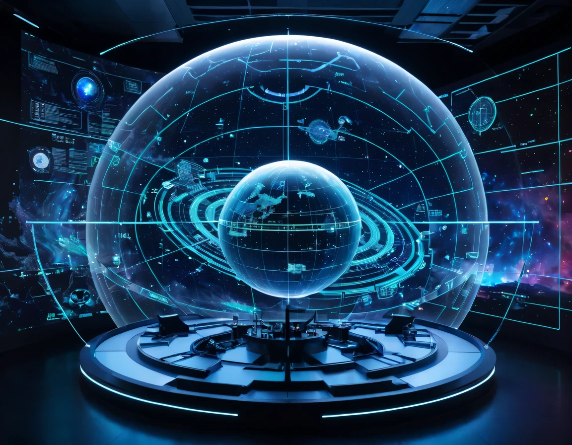 high tech会议大厅中间有未来派transparent空灵天文图,3D astronomical map,Holographic projection astronomical map,Map of cosmic galaxies,spherical,transparent,cyberpunk,X-ray,fluorescence,neon lights,high tech,command hall,Control lobby