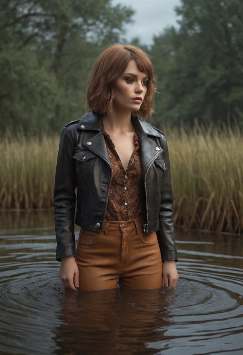 (best quality, highres:1.2),ultra-detailed, (realistic:1.37)
A shy woman in 70s style is standing in a swamp, her high waisted flared jeans and leather jacket soaked wet. The woman appears to be drowning in the murky water, adding a sense of mystery and vulnerability to the scene. The fetishistic elements can be subtly implied, perhaps through the addition of certain accessories or subtle visual cues. The overall image should capture the essence of the 70s era, with its distinctive fashion and style. The lighting should be low-key, enhancing the mood and emphasizing the woman's mysterious presence. The color tone should reflect the retro vibe of the 70s, with warm and earthy tones dominating the scene. The image should be rendered with the highest level of detail, highlighting every texture and creating a photorealistic effect.