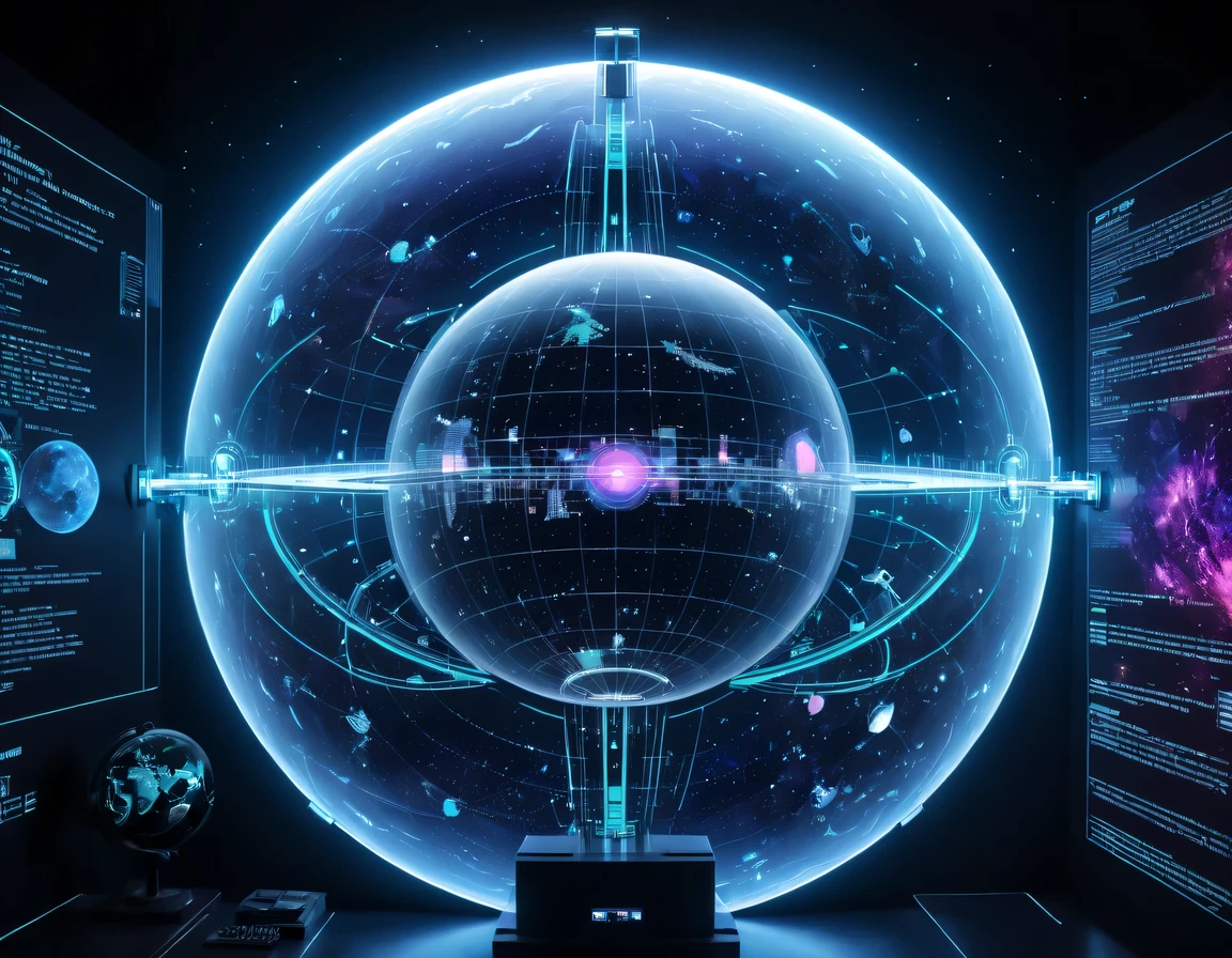 high tech会议大厅中间有未来派transparent空灵天文图,3D astronomical map,Holographic projection astronomical map,Map of cosmic galaxies,spherical,transparent,cyberpunk,X-ray,fluorescence,neon lights,high tech,command hall,Control lobby