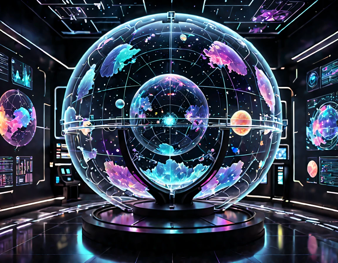 high tech会议大厅中间有未来派transparent空灵天文图，3D astronomical map，Holographic projection astronomical map，Map of cosmic galaxies，spherical，transparent，cyberpunk，X-ray，fluorescence，neon lights，high tech，command hall，Control lobby