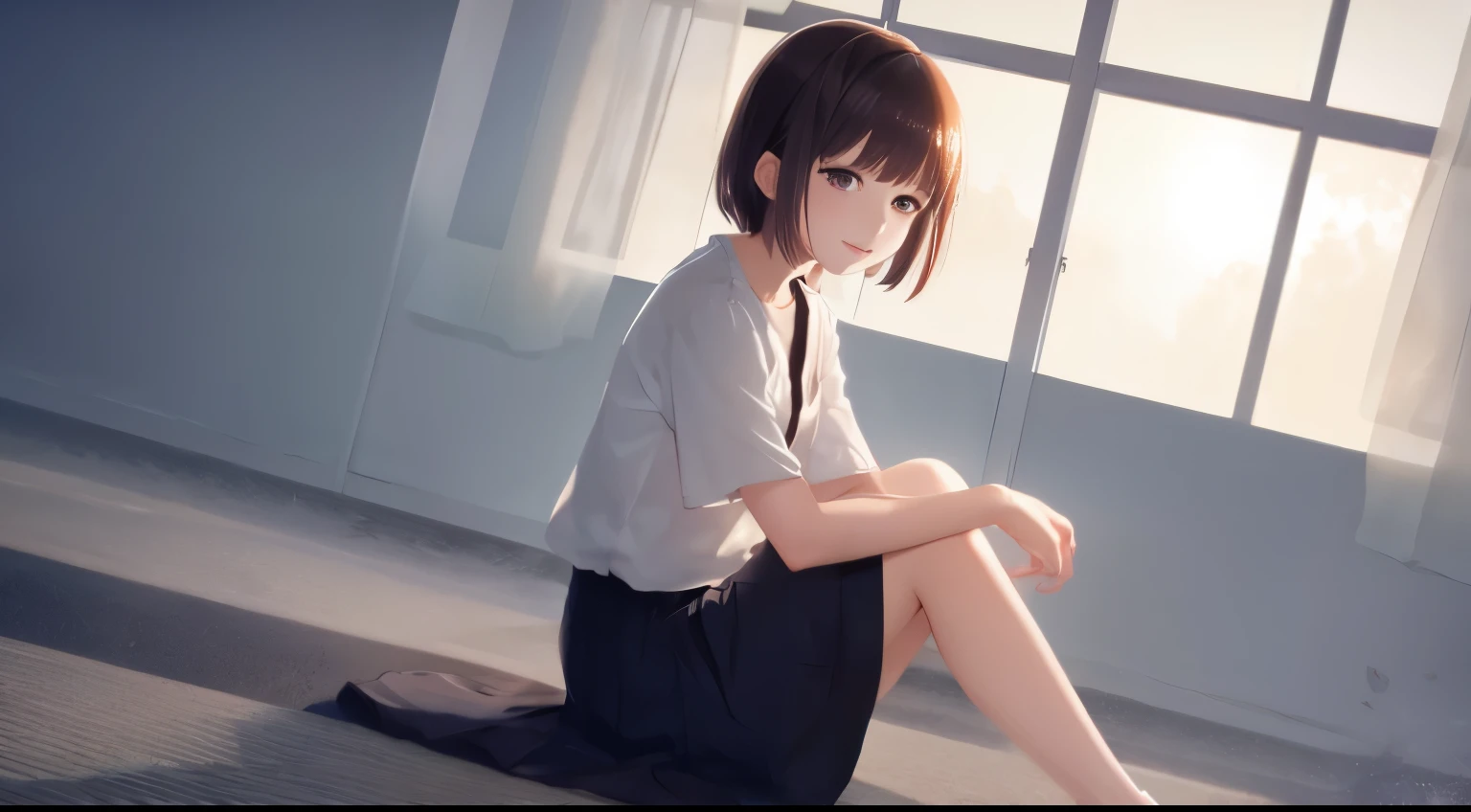 Detailed and perfect anime style illustrations, brown short hair, very cute young woman, Perfect round eyes, female focus, alone, She is wearing a gray shirt and a long gray skirt.. Sit on the ground holding your knees. daydream, Dramatic and fantastic fog mystical background, background is blurry, Dramatic lighting Makoto Shinkai
