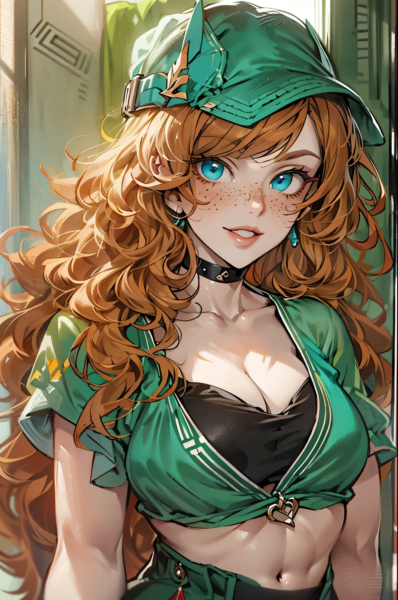 trans Male to female, plump pursed lips, freckles, long curly ginger hair with bangs, crystal blue eyes with smoky eye shadow and black eyeliner, black semi-matte lipstick, pale to sun-kissed skin, flirty smug smile, teal sundress, large futanari genital bulge