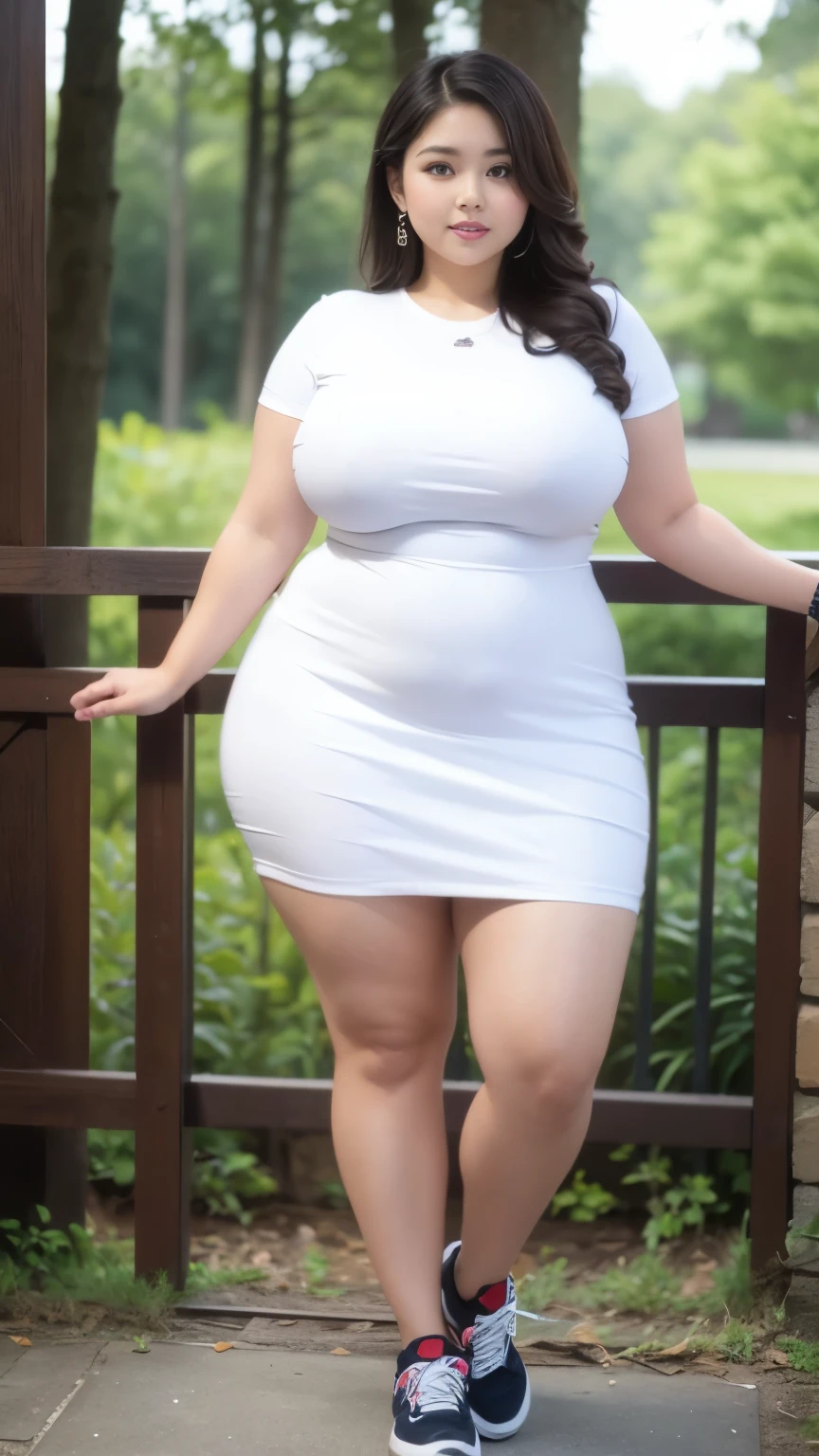 ((best quality)), ((masterpiece)), (detailed), perfect face, wanita chubby dewasa, wearing thight dress and thight skirt, chubby cheeks, chubby arm, chubby thighs, big breasts, wearing a sneakers, medium hair style, full body photoshoot, tattooed body