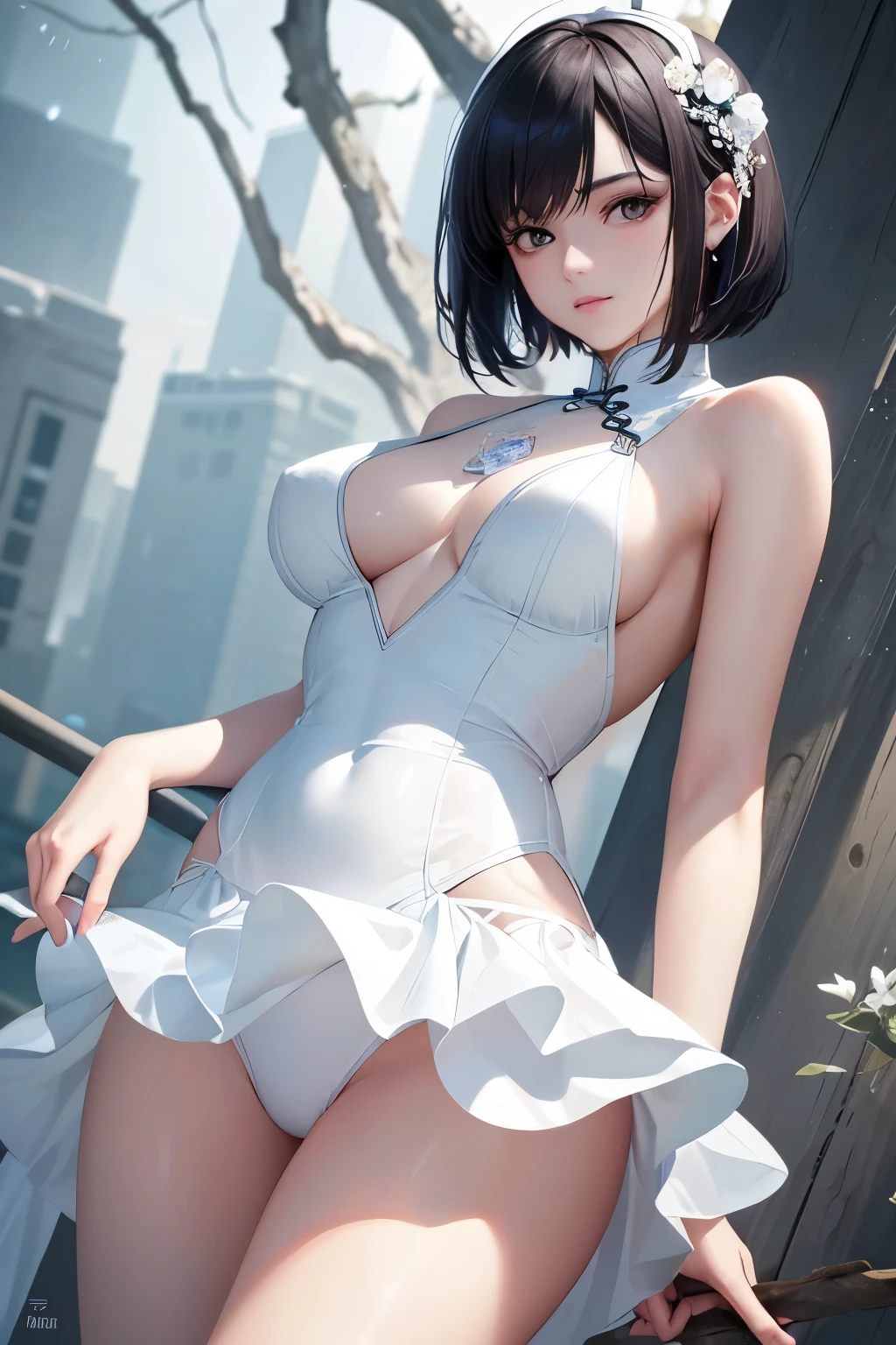 A Chinese girl, with short hair and gracefully wearing a white skirt, is depicted in this 2D, high definition image. Her features are rendered in exquisite detail, each line and curve carefully defined to bring out her unique charm. The white skirt flows softly around her, accentuating her slender figure and adding an ethereal quality to the image. The lighting is crisp and clear, highlighting the intricacies of her features and the subtle textures of her clothing. The overall effect is one of stunning realism and captivating beauty.