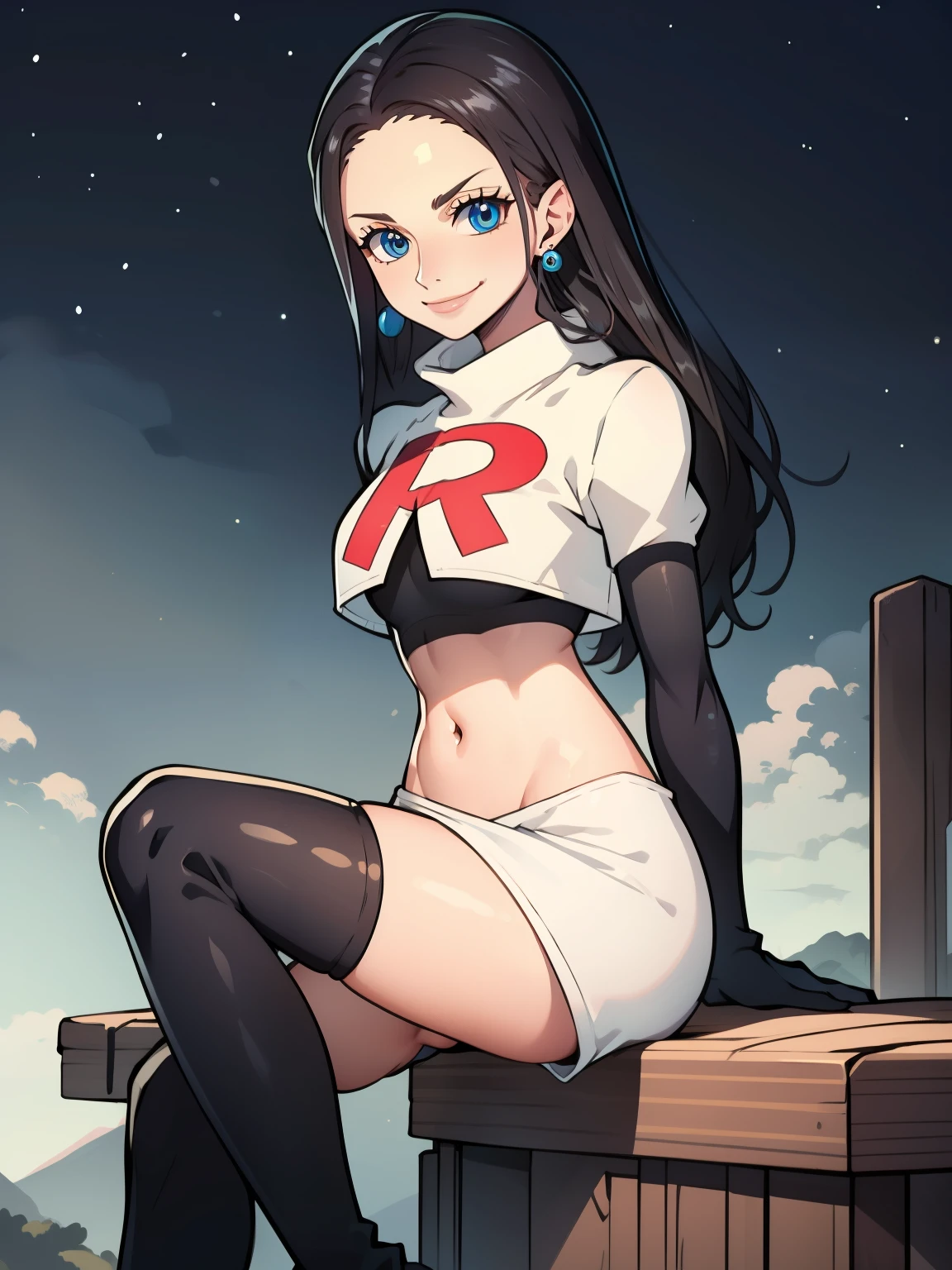 nico robin, long hair, (black hair:1.5), (forehead:1.2), blue eyes ,earrings, glossy lips ,team rocket uniform, red letter R, white skirt,white crop top,black thigh-high boots, black elbow gloves, evil smile,  sitting down ,legs crossed, night sky background