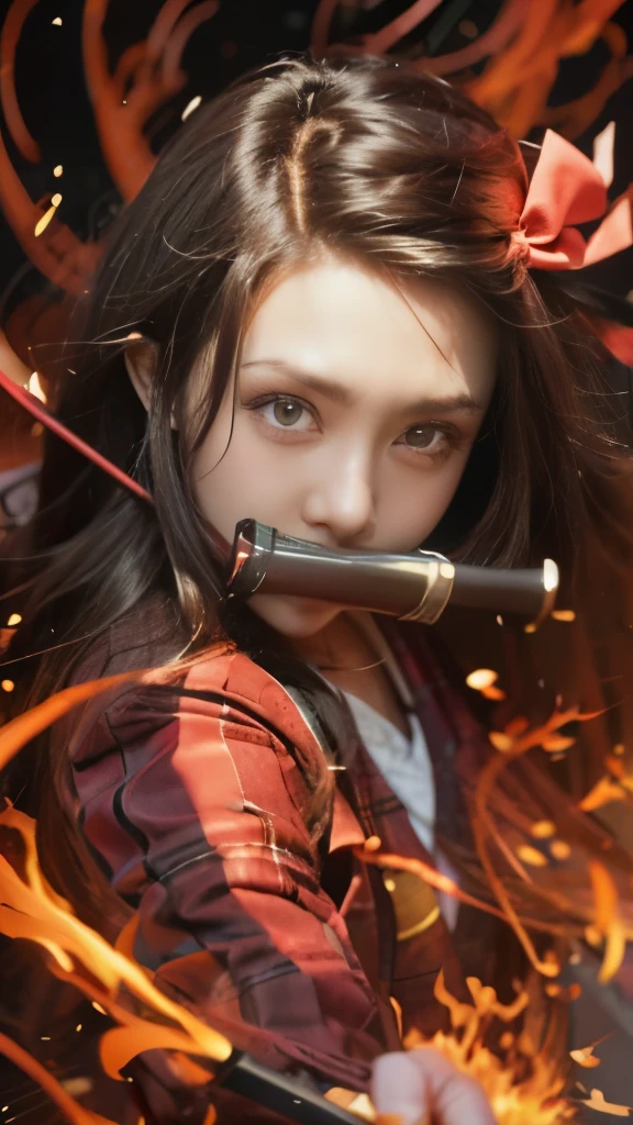 a girl with long hair and a bow in her hair, nezuko, nezuko-chan, demon slayer artstyle, demon slayer rui fanart, ayaka genshin impact, rin tohsaka, official artwork, demon slayer, tanjiro kamado, flaming katana, kawacy, anime visual of a cute girl