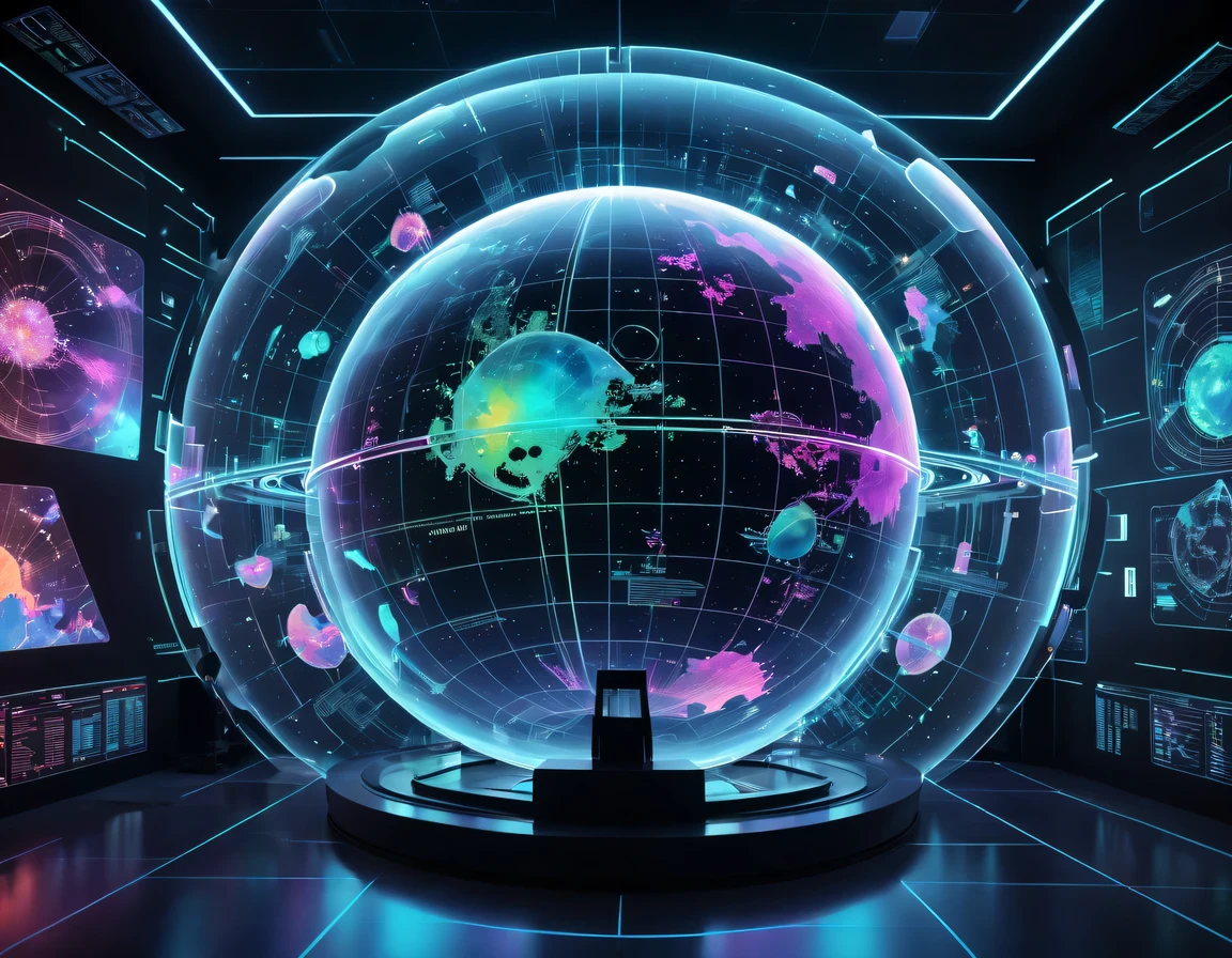 high tech会议大厅中间有未来派transparent空灵天文图，3D astronomical map，Holographic projection astronomical map，Map of cosmic galaxies，spherical，transparent，cyberpunk，X-ray，fluorescence，neon lights，high tech，command hall，Control lobby