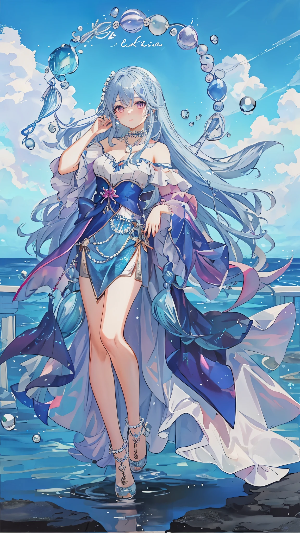 海long blue hair,close up,dream world,Mermaid girl, 海long blue hair,Nice pink eyes,underwater,tear nevus,Mermaid ears,(pearl head chain,necklace),necklace,Long off-the-shoulder blue dress,humanoid, Poseidon temple background, her skin is white, fair complexion,pink eyes,long blue hair, High heel,black legs,tattoo