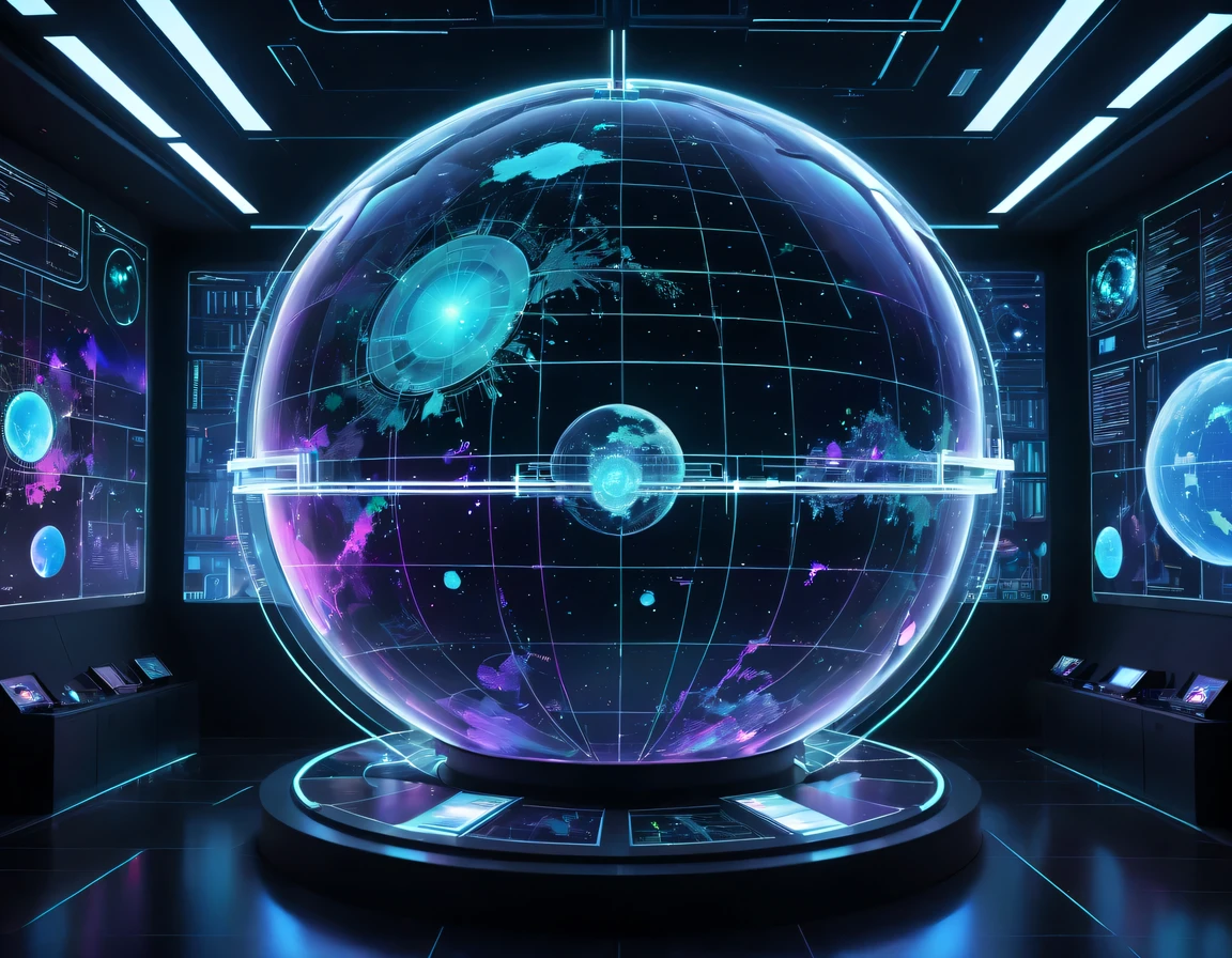 high tech会议大厅中间有未来派transparent空灵天文图,3D astronomical map,Holographic projection astronomical map,Map of cosmic galaxies,spherical,transparent,cyberpunk,X-ray,fluorescence,neon lights,high tech,command hall,Control lobby