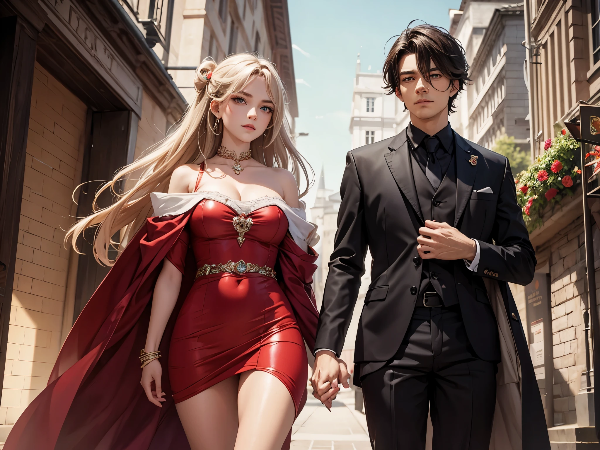masterpiece, twain, girl, standing side by side, missimilar hairstyle, missimilar eye color, missimilar outfit,