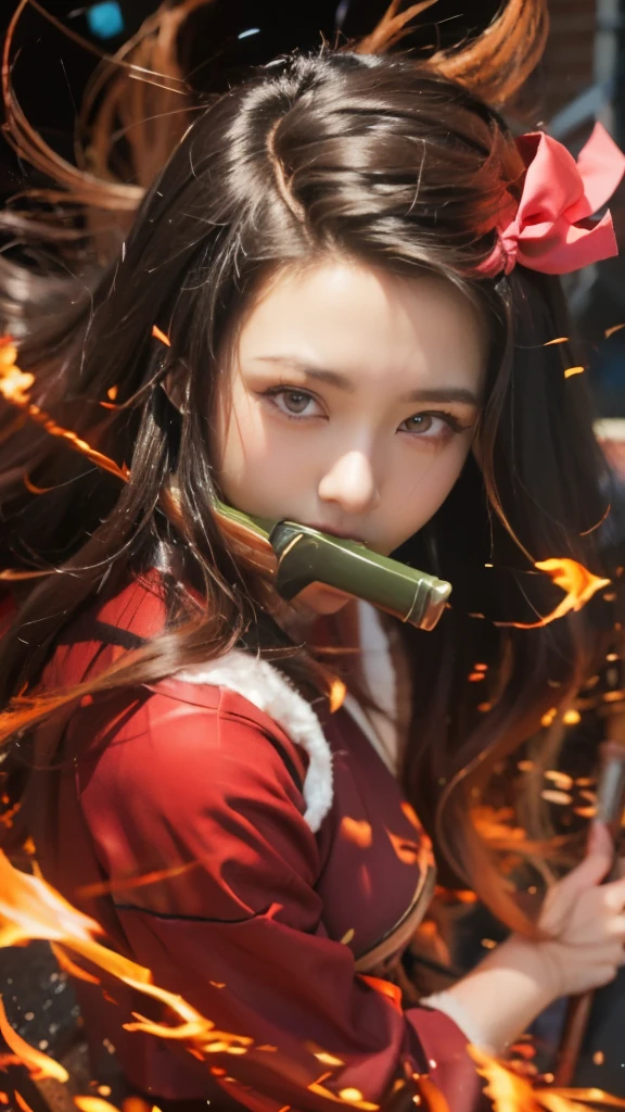 a girl with long hair and a bow in her hair, nezuko, nezuko-chan, demon slayer artstyle, demon slayer rui fanart, ayaka genshin impact, rin tohsaka, official artwork, demon slayer, tanjiro kamado, flaming katana, kawacy, anime visual of a cute girl