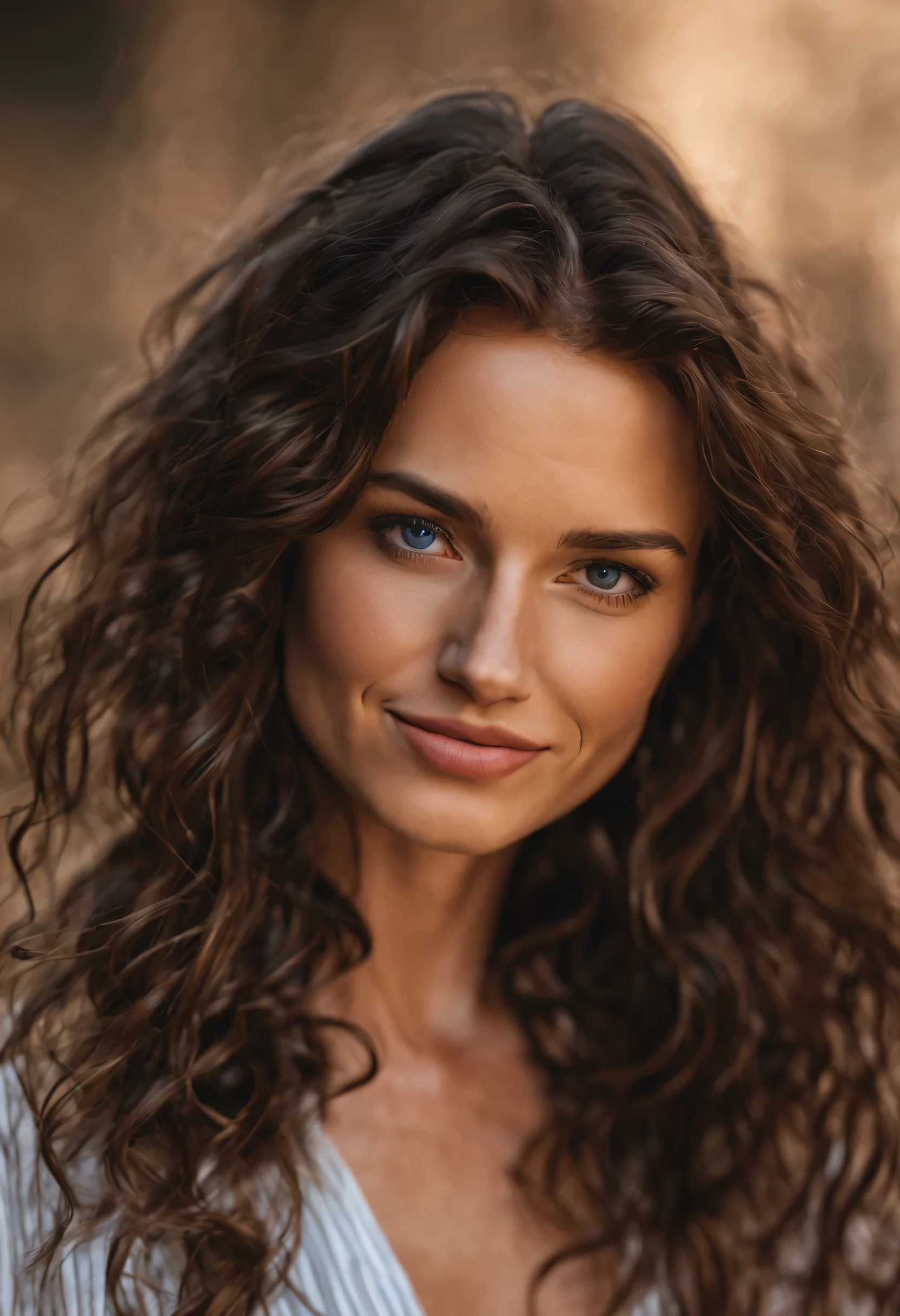 a realistic portrait photo of a beautiful Italian woman with open dark brown hair, leicht lockigem langen Haar, (blaue Augen:0.8), ohne Augenbrauen, ohne Makeup, with naturally soft skin, Influencer-Modell, kein Make up, Instagram, slight smile