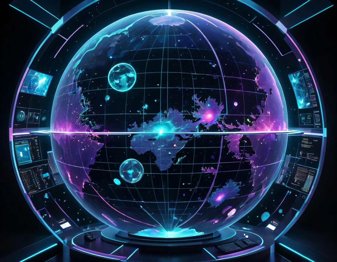 high tech会议大厅中间有未来派transparent空灵天文图,3D astronomical map,Holographic projection astronomical map,Map of cosmic galaxies,spherical,transparent,cyberpunk,X-ray,fluorescence,neon lights,high tech,command hall,Control lobby