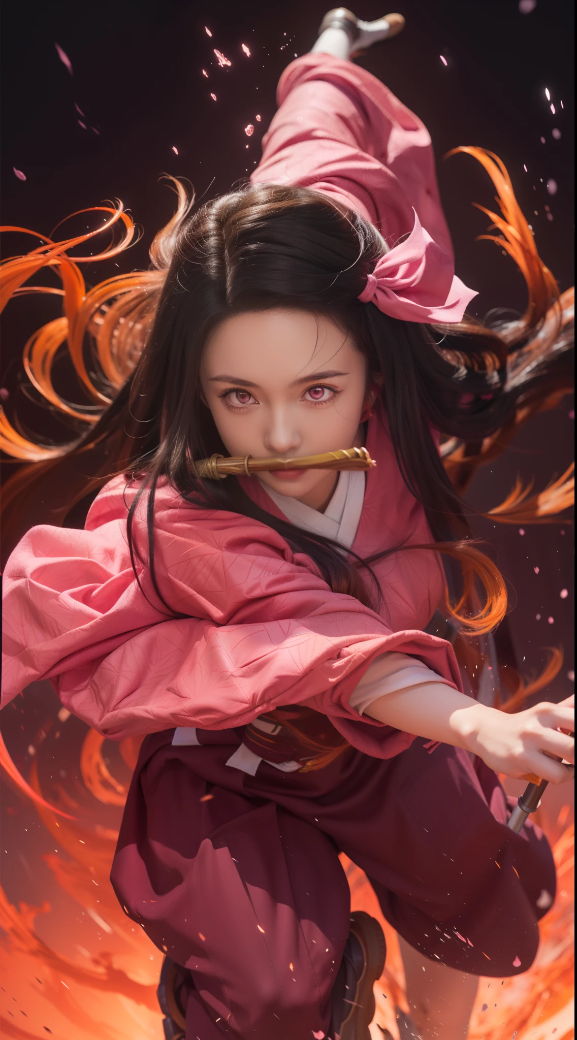 a girl in a pink outfit is holding a sword in her hand, nezuko, nezuko-chan, demon slayer rui fanart, demon slayer artstyle, official anime artwork, official art, official artwork, demon slayer, ayaka genshin impact, tanjiro kamado, kimetsu no yaiba, anime cover, high detailed official artwork