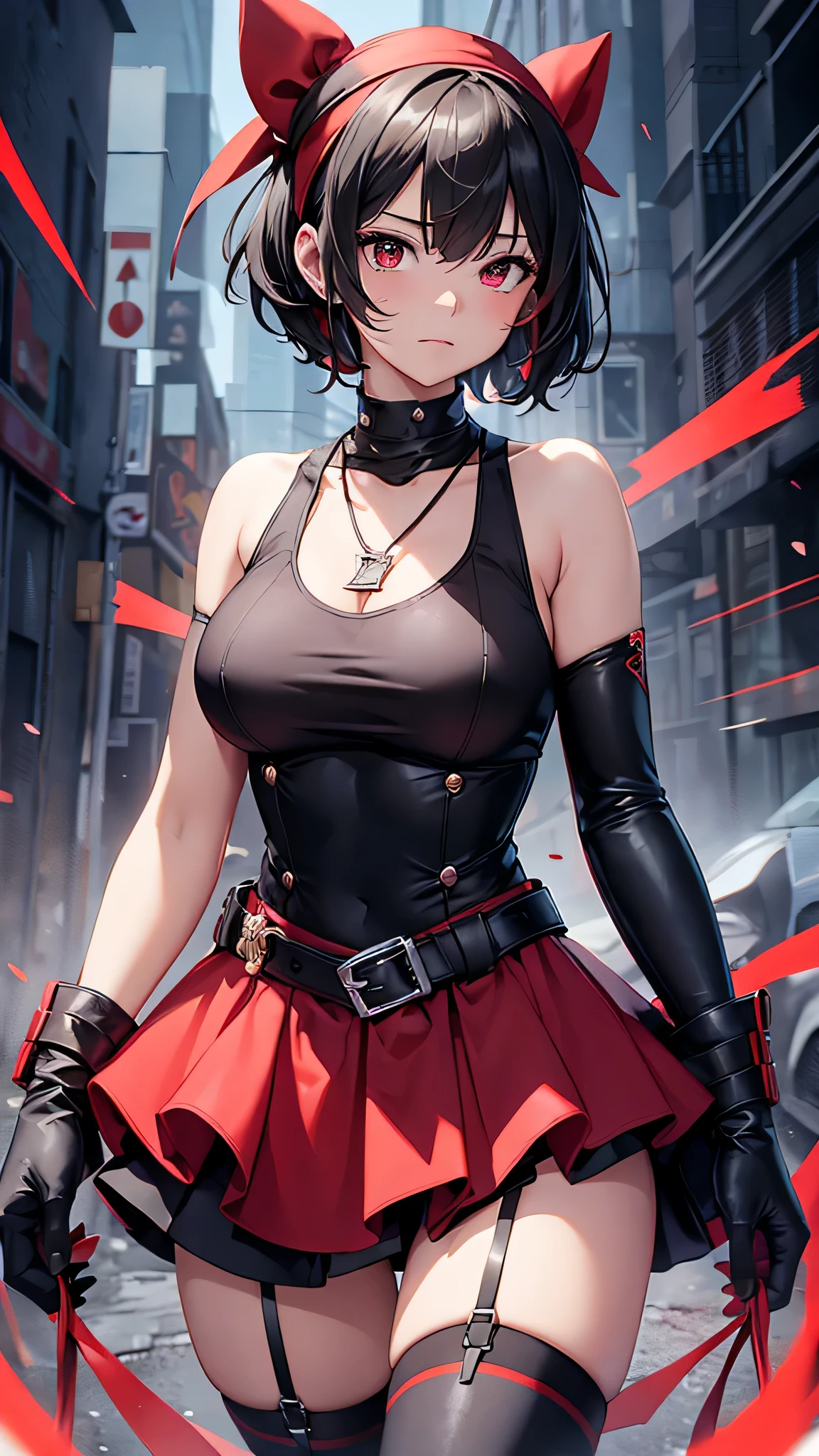 最high quality、best image quality、masterpiece、age girl((18-year-old、 By becoming、vest bust、medium bust,wide open breast tea、black eye, black hair、shortcut、short hair、thin,highest valley、Perforated gloves、Hachimaki、My whole body is full of scars、black tank top、red short skirt、anger expression、red necklace、black stockings、red boots、red heat mask,Japanese sword、red coat、flash)),high quality、beautiful art、background((Dark road、Red rain、red lighting、Red Moon、bloody road、dark city)),debris flies、Depth of written boundary、movie、visual art、perfect art、8K,genuine