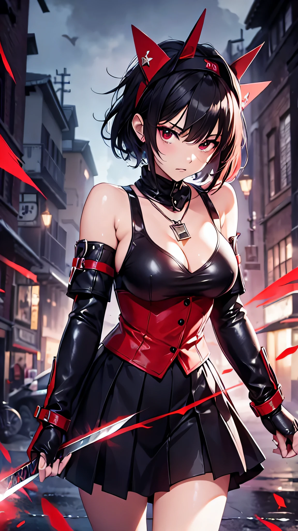 (tmasterpiece, beste-Qualit:1.2), Cowboy shot, 独奏, a 1girl, Ruby Rose, gaze at the viewer, Hands Behind Your Back, Black Dress, long sleeves, red cape, pantyhouse, wide thighs, blushful, the night, urban landscape, Street