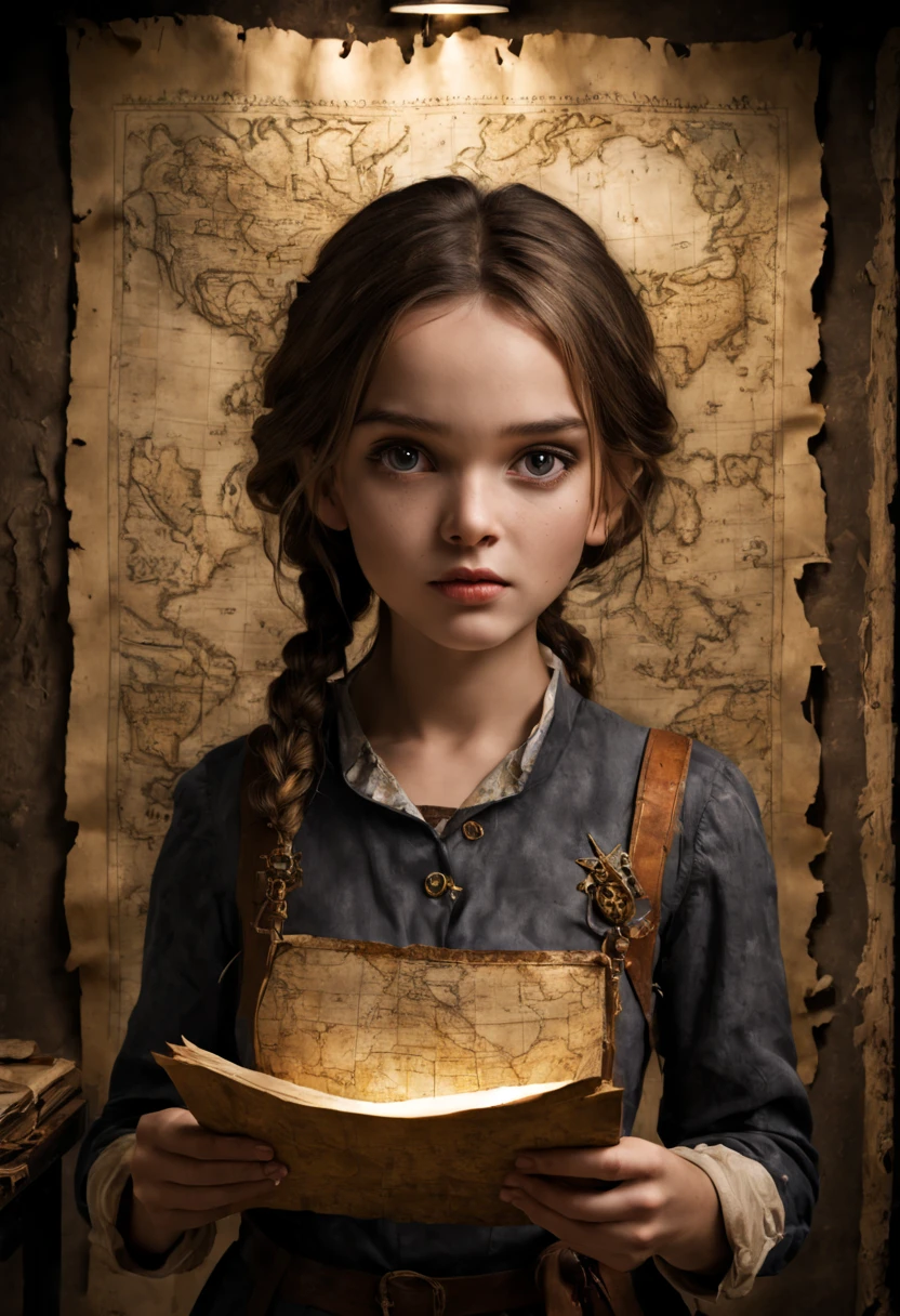 A girl holding a treasure map, with realistic and detailed facial features, beautiful detailed eyes, and lips. Her forehead and cheeks are slightly burned up, giving her a rugged and adventurous appearance. She is standing in an old, dark room, holding the aged treasure map in her hands. The room is dimly lit with volumetric lighting, casting mysterious shadows on the walls. The treasure map is worn and aged, with faded markings, creases, and torn edges. The room is filled with a sense of history and mystery, with dusty shelves, ancient books, and artifacts scattered around. The atmosphere is surreal, with hints of surrealism in the surroundings. The color tone is warm and earthy, accentuating the old and worn feeling of the room. The overall image quality is of the best quality, with stunning details, sharp focus, and vivid colors, creating a mesmerizing and captivating art piece.