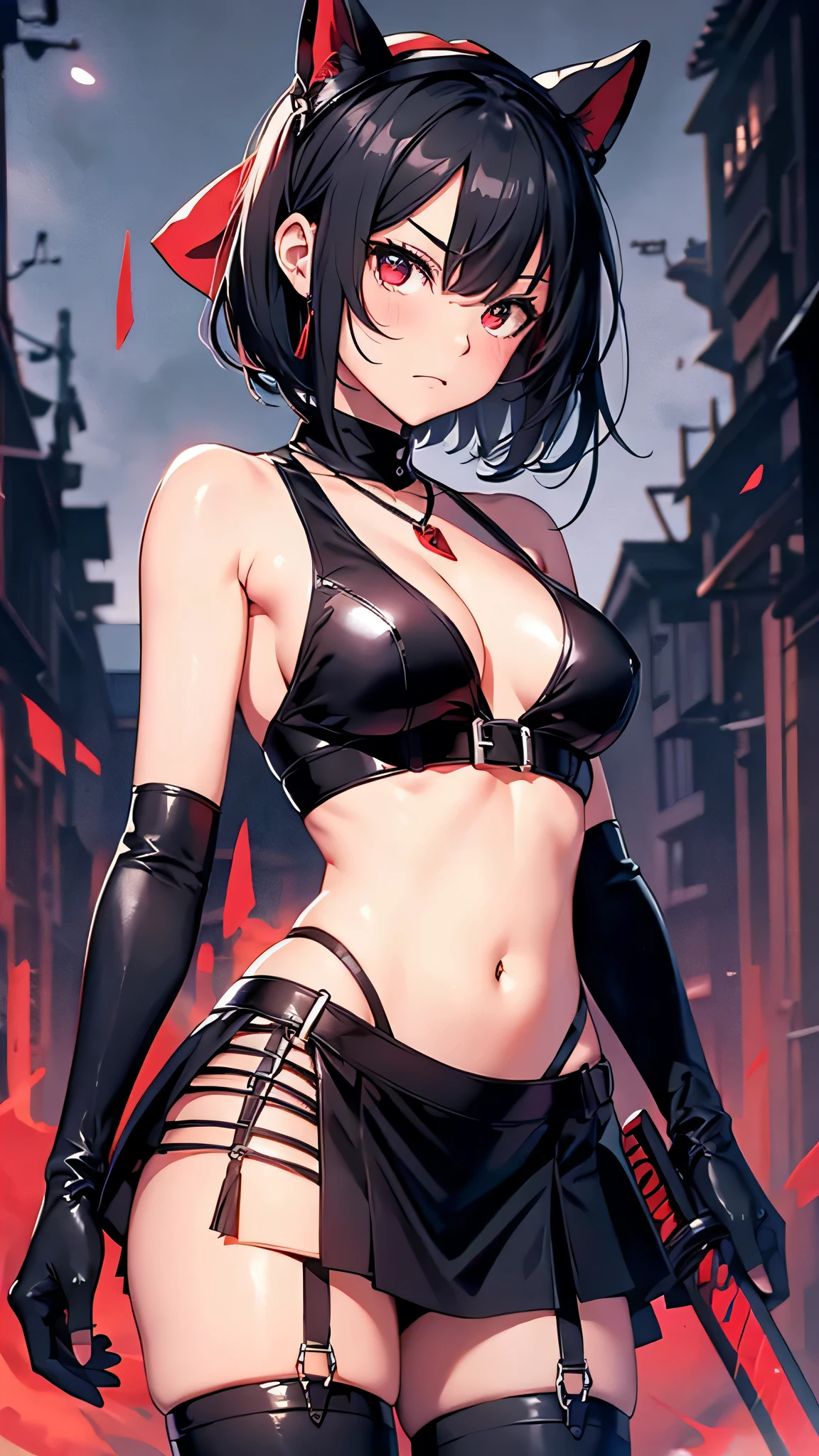 最high quality、best image quality、masterpiece、teenage girl((18-year-old、 By becoming、vest bust、medium bust,wide open breast tea、black eye, black hair、shortcut、short hair、thin,highest valley、Perforated gloves、Hachimaki、My whole body is full of scars、black tank top、red short skirt、anger expression、red necklace、black stockings、red boots、red heat mask,Japanese sword、red coat、flash)),high quality、beautiful art、background((Dark road、Red rain、red lighting、Red Moon、bloody road、dark city)),debris flies、Depth of written boundary、movie、visual art、perfect art、8K,genuine