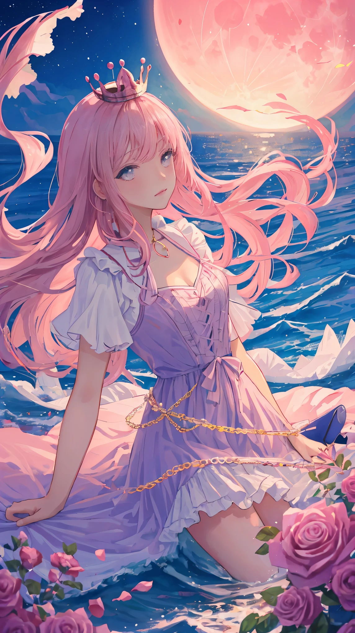 Pink Moon, pink sky, Soft pink clouds, pink ocean waves sparkling, sparkling, Pink roses on a sea of pink, fantasy, diamond, crown, universe, soft light,