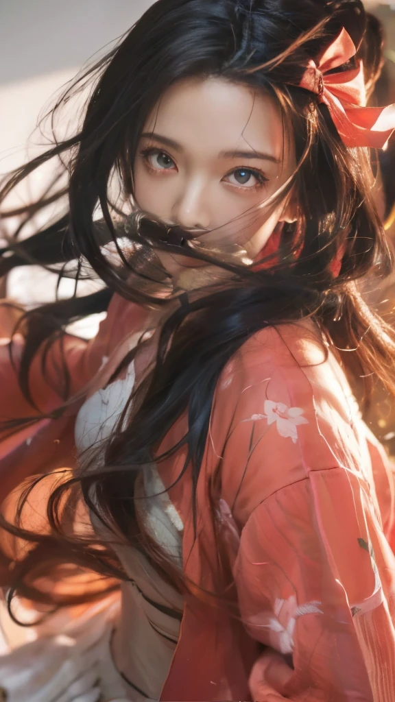 anime girl with long hair and a red bow holding a knife, clean detailed anime art, nezuko, nezuko-chan, detailed anime artwork, detailed digital anime art, anime illustration, detailed anime art, demon slayer artstyle, beautiful anime artwork, artwork in the style of guweiz, beautiful anime portrait, anime style 4 k, detailed anime character art