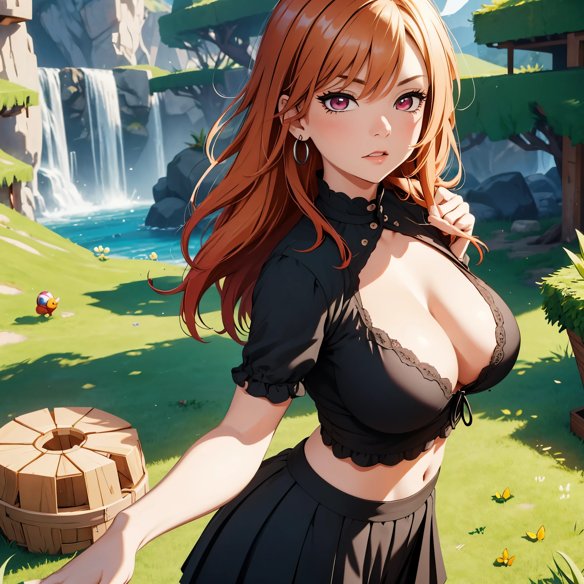 (best quality,4k,8k,highres,masterpiece:1.2),ultra-detailed,(realistic,photorealistic,photo-realistic:1.37), 1 mature attractive girl,short red hair,beautiful red eyes, detailed eyes, (Detailed eyes and skin), (detailed facial features), perfect anatomy, beautiful figure, Natural cheeks, Glossy skin, (Fair skin:1.2), red hair,short hair,detailed face expression,happy eyes, medium size breasts, wearing black top and pleated skirt, standing up, leaning forward, side view of character, looking to the side, ,awesome colours, bright warm colours, portrait,video game,1 mature woman, Ultra HDTV, 8K resolution, Sharp Focus, interactive environment, wholesome, mario world, amazing special effects,immersive gameplay,expansive open world, blocky world ,dynamic lighting effects,vivid colors, wholesome game, mario brothers,innovative game mechanics,virtual currency system,hidden easter eggs,challenging puzzles,explorable secret areas,beautifully crafted landscapes, wild life background, professional game development team, minecraft background, blocky background,outside, lively background, fun game, happy game,
