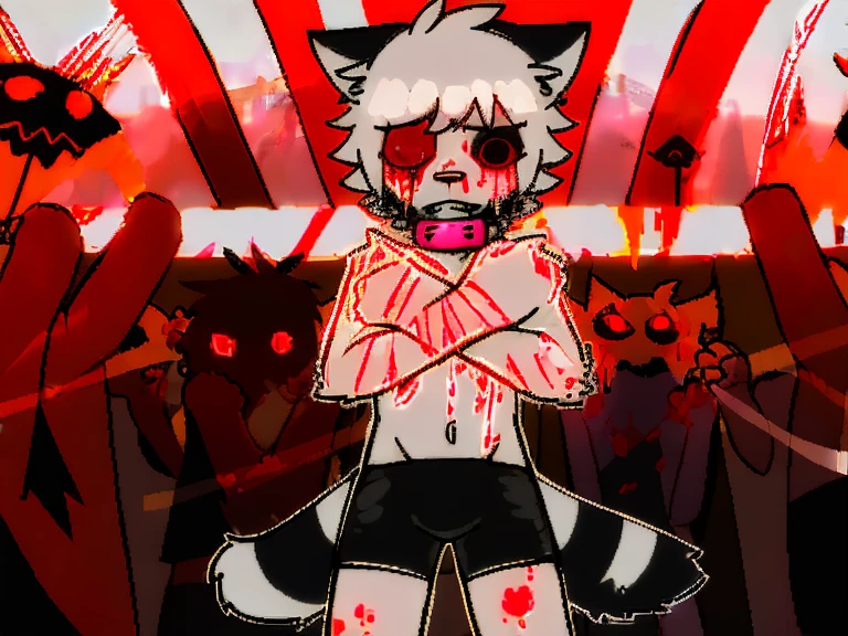 （4K，8k，best quality，meticulous details，DeliCate light，DeliCate short hair）Cat，white hair，There&#39;a bit strange，black shorts，Big blue striped tail，Shota，Wrists covered with scars，Bloodshot eyes，Pink collar，crazy，in a subway station，Red filter