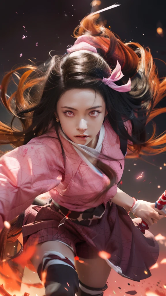 a girl in a pink outfit is holding a sword in her hand, nezuko, nezuko-chan, demon slayer rui fanart, demon slayer artstyle, official anime artwork, official art, official artwork, demon slayer, ayaka genshin impact, tanjiro kamado, kimetsu no yaiba, anime cover, high detailed official artwork